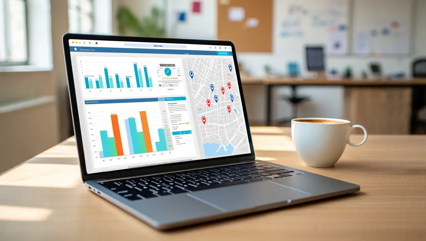 Spécificités du référencement naturel local à Chambéry Analyse SEO local sur ordinateur avec carte de Chambéry et statistiques de référencement naturel