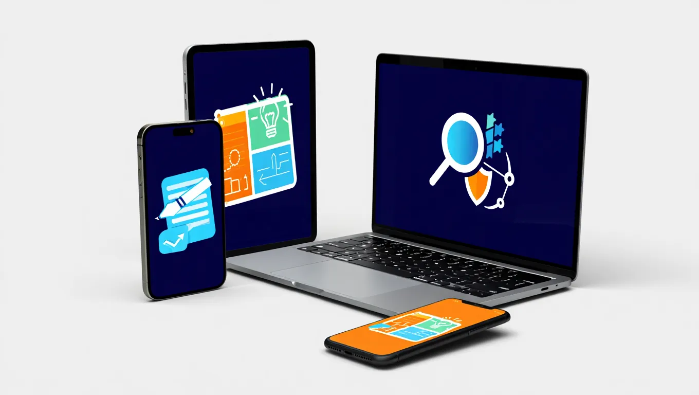 Gamme complète de services SEO disponibles Dispositifs numériques présentant services SEO complets proposés par agences chambériennes